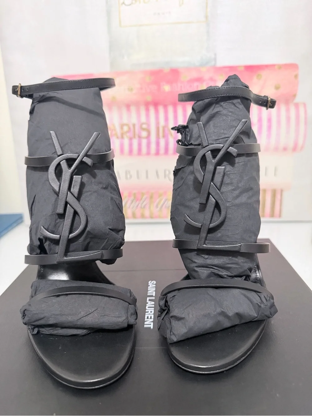 Saint Laurent Black Leather YSL Logo Ankle-Strap Stiletto Sandals - Picture 5 of 12